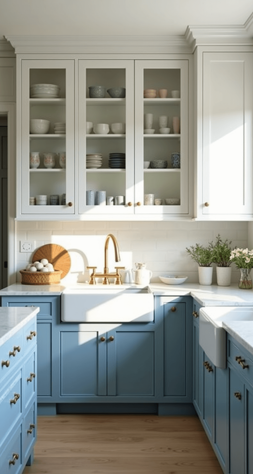 Kitchen Cabinet Color Combinations: Your Ultimate 2025 Design Guide A minimalist kitchen featuring powder blue lower cabinets and white upper cabinets, illuminated by morning light. Honed marble countertops reflect long shadows, while slim brass pulls accentuate the design. Glass-front display cabinets showcase ceramics, creating a serene ambiance.