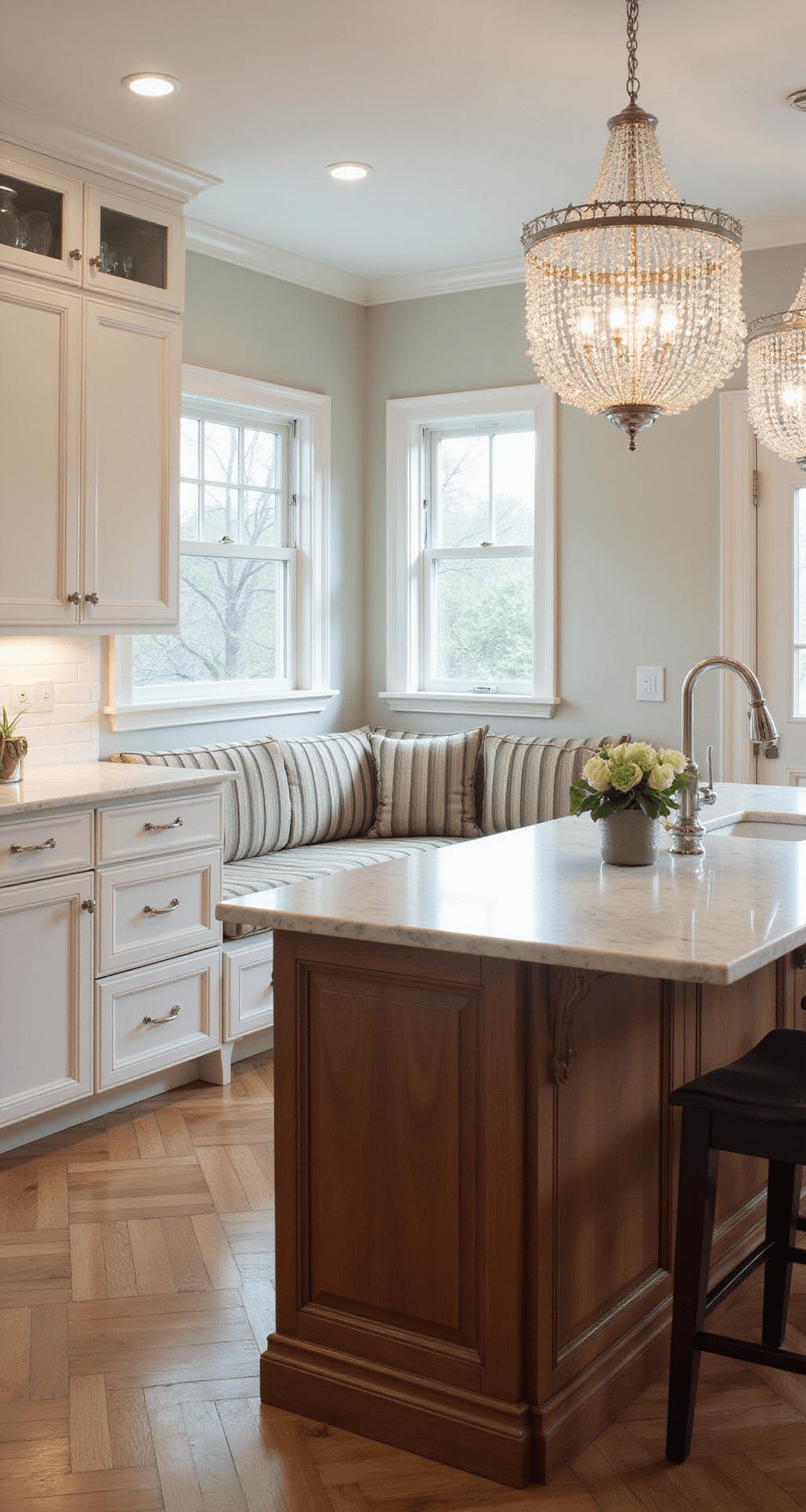Kitchen Cabinet Color Combinations: Your Ultimate 2025 Design Guide Aerial view of a classic 15x18ft kitchen featuring white perimeter cabinets, a rich wood island, and herringbone wood floors, highlighted by crystal chandeliers and polished nickel hardware. White marble countertops with grey veining complement a corner banquette with striped upholstery.
