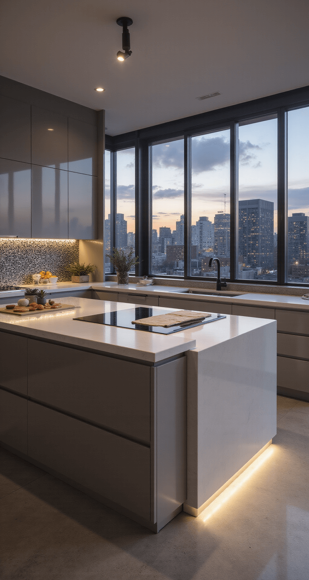 Kitchen Cabinet Color Combinations: Your Ultimate 2025 Design Guide Contemporary kitchen featuring high-gloss greige cabinets, a waterfall quartz island with an invisible cooktop, and a metallic mosaic backsplash, illuminated by LED lights and evening city views through floor-to-ceiling windows.