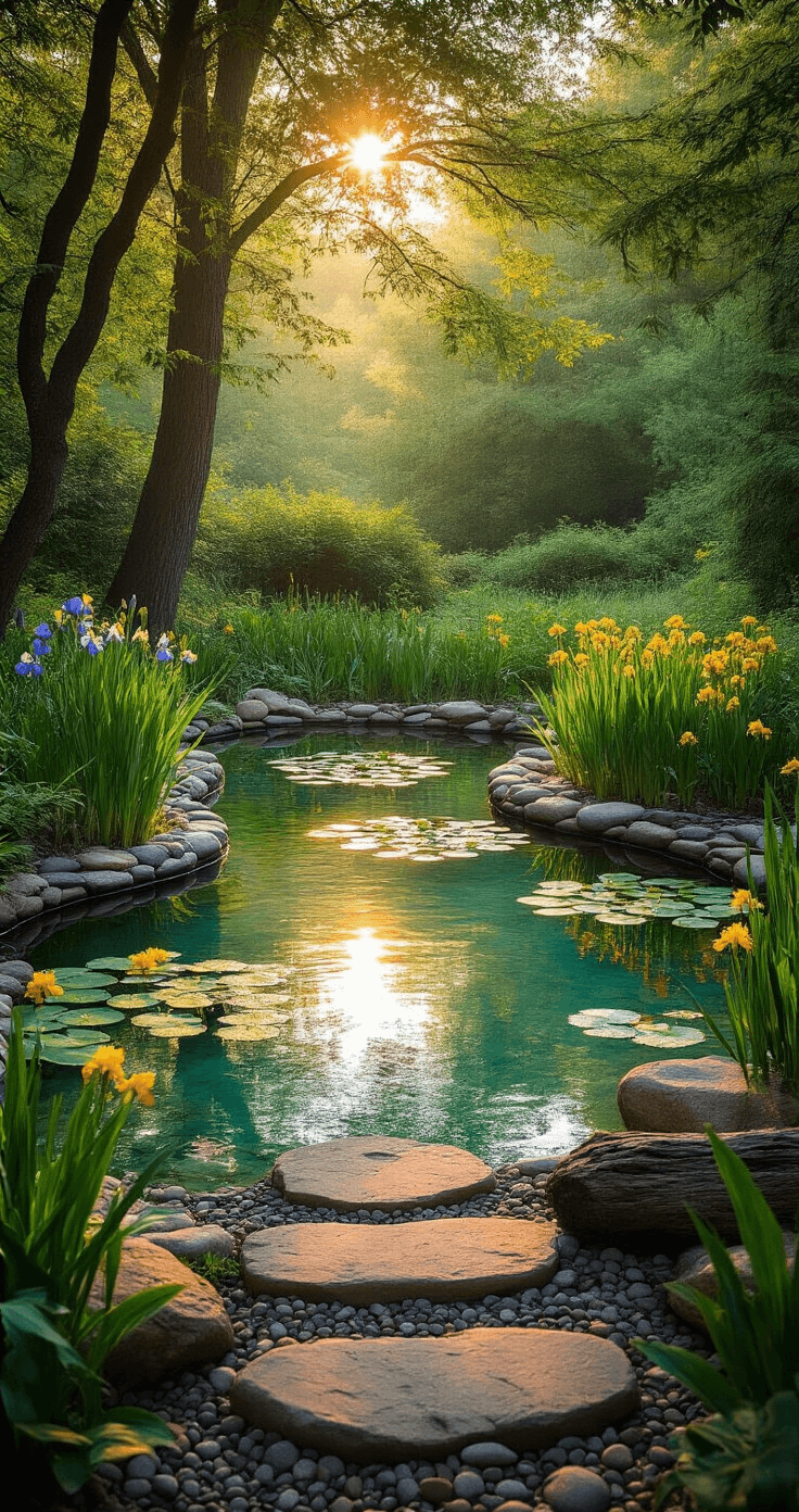 Create a Stunning Wildlife Pond: Your Ultimate DIY Garden Sanctuary A serene wildlife pond at golden hour, featuring gently sloping pebble edges, recycled ceramic base, native iris, marsh marigolds, and floating water lilies under dappled sunlight. Natural stone steps provide hiding spots for frogs, while weathered logs add texture. The scene is captured with an ultra-wide angle lens, highlighting the deep aqua water and emerald plants against warm honey-toned rocks, with dramatic silhouettes created by backlit foliage.
