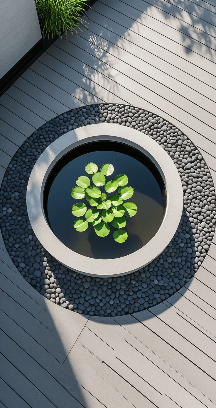 Create a Stunning Wildlife Pond: Your Ultimate DIY Garden Sanctuary Aerial view of a minimalist urban pond scene featuring a 4ft circular concrete pond on a contemporary deck, illuminated by morning light. The pond has a single water lily, surrounded by smooth gray pebbles, and is accompanied by a modern metal sculpture. The composition emphasizes clean lines and geometric shapes in a palette of charcoal, platinum, and fresh green accents.