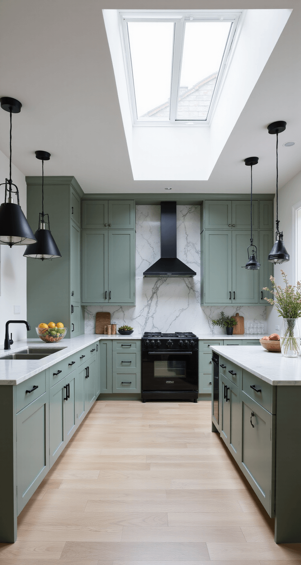 Sage Green Kitchen Cabinets: Your Ultimate Design Guide A contemporary kitchen featuring floor-to-ceiling sage cabinets, a dramatic marble backsplash, sleek black appliances, and geometric pendant lights, all illuminated by natural light from a skylight.