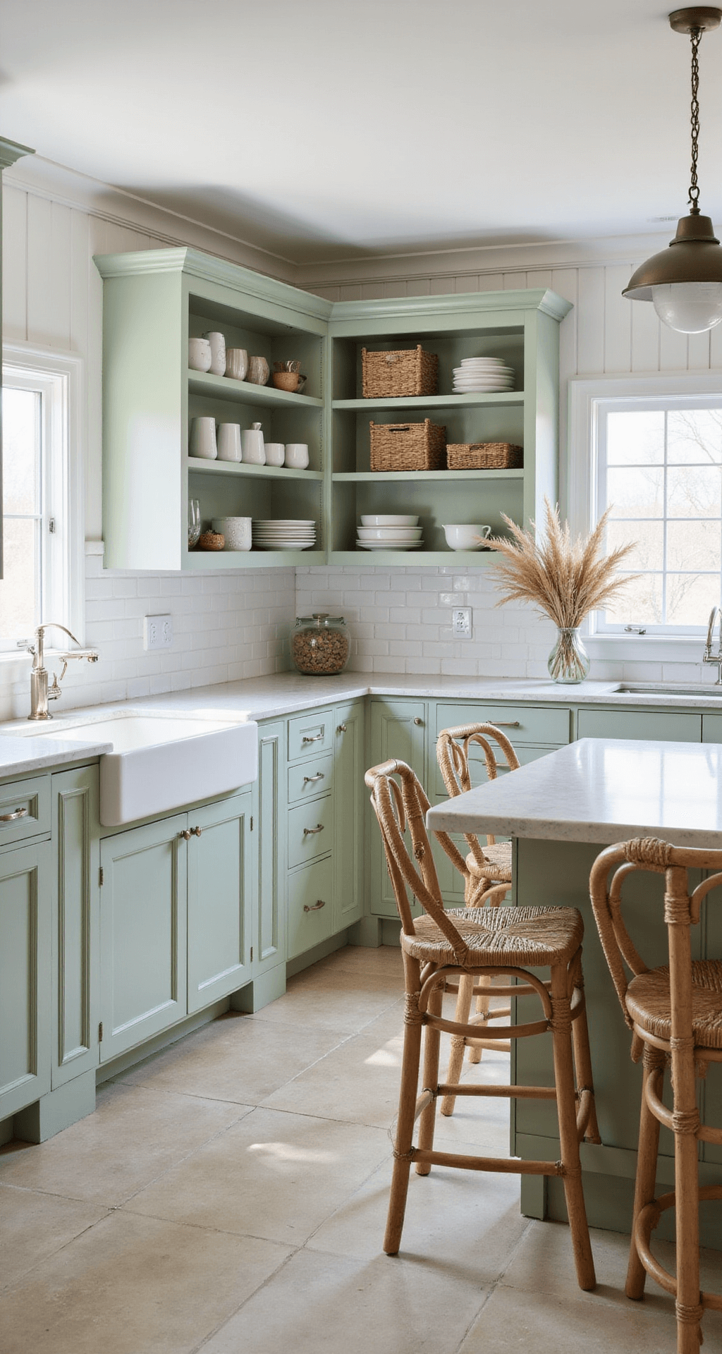 Sage Green Kitchen Cabinets: Your Ultimate Design Guide A bright coastal kitchen features soft sage cabinets, sandy beige limestone floors, and a white subway tile backsplash. The marble-topped island with rattan bar stools is adorned with beach grass in clear vases. Open shelving displays white ceramics and sea glass, illuminated by diffused morning sunlight for a breezy, relaxed elegance.