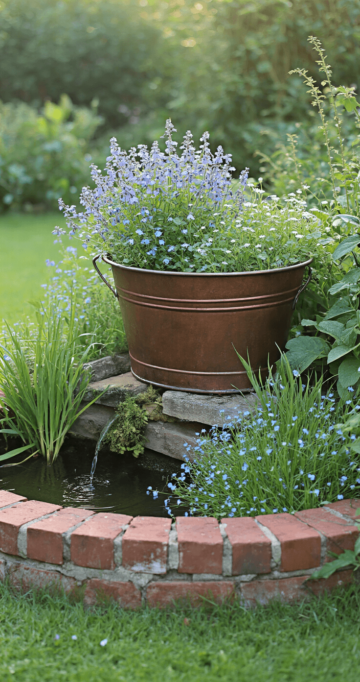 Create a Stunning Wildlife Pond: Your Ultimate DIY Garden Sanctuary A vintage copper wash tub repurposed as a small pond overflows with trailing lobelia, forget-me-nots, and delicate sedges in a misty cottage garden at dawn, with weathered brick edging and morning light illuminating dewdrops.