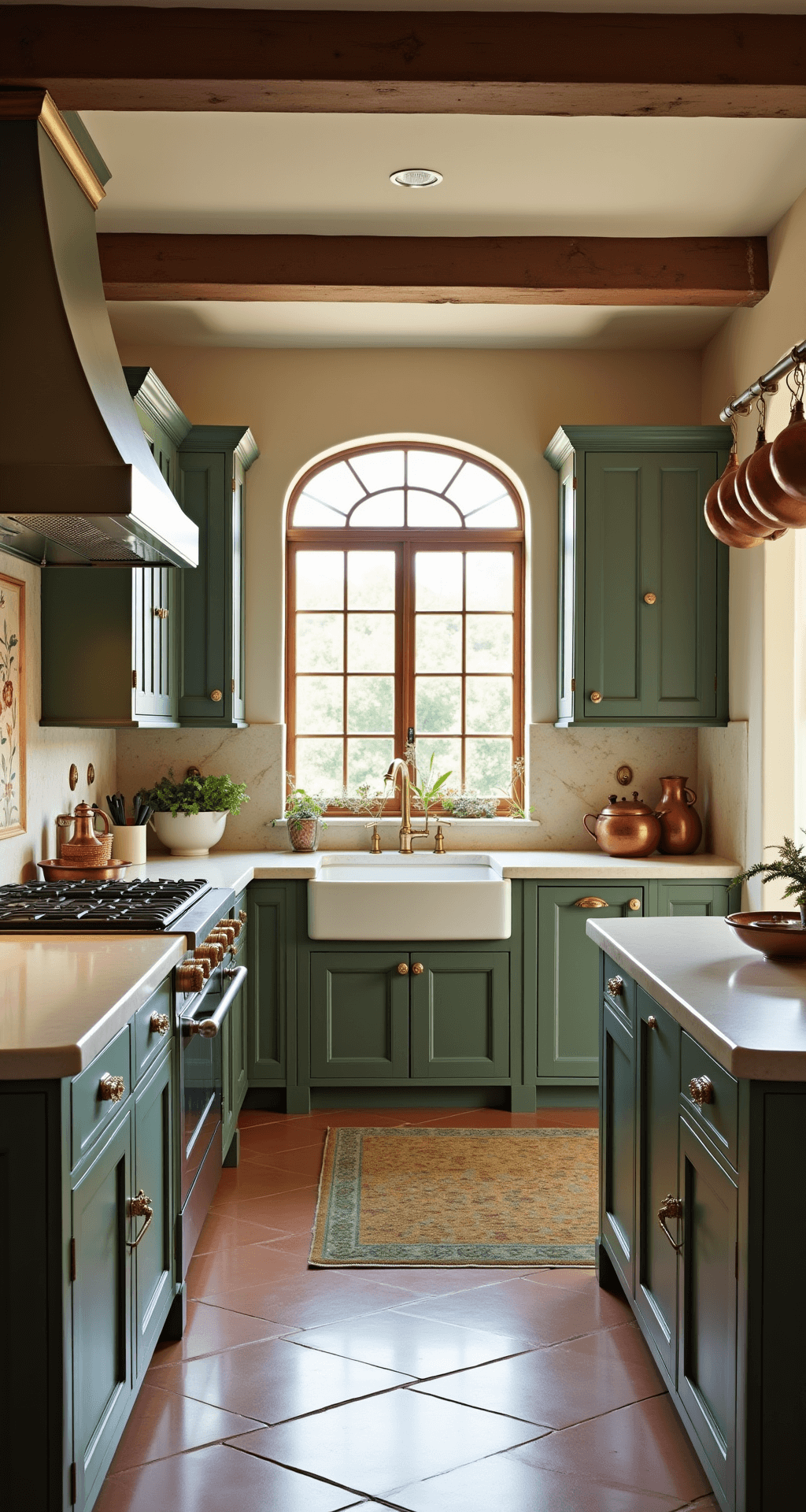 Sage Green Kitchen Cabinets: Your Ultimate Design Guide L-shaped kitchen in a Mediterranean villa featuring sage cabinets with brass hardware, terracotta tile floors, cream limestone counters, and a hand-painted tile backsplash, with copper pots hanging above, an arched window, and rustic decor, illuminated by natural light and warm Edison bulbs.