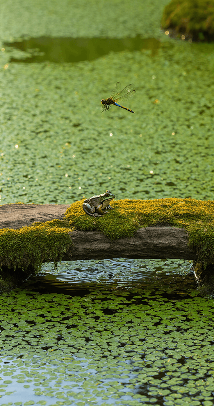 Create a Stunning Wildlife Pond: Your Ultimate DIY Garden Sanctuary A frog sits on a moss-covered log bridge at the edge of a natural pond, surrounded by duckweed and illuminated by golden hour light, while a dragonfly hovers above and stone edges create diverse habitats.