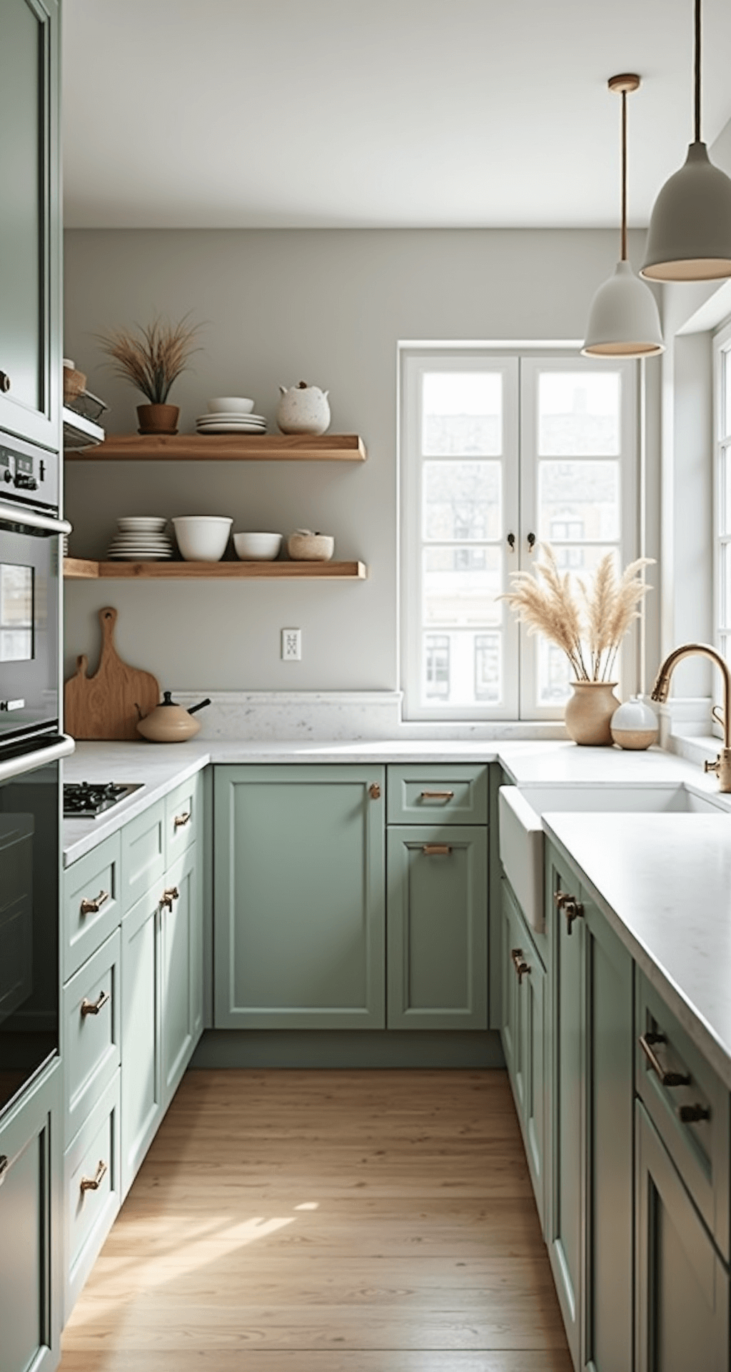 Sage Green Kitchen Cabinets: Your Ultimate Design Guide A bright Scandinavian kitchen featuring light sage cabinets, pale oak floors, and white counters. The open shelving displays white ceramics and wooden objects, styled with dried grasses and linen textiles. Modern matte white pendant lights hang above, creating a calm and purposeful atmosphere in even natural light.