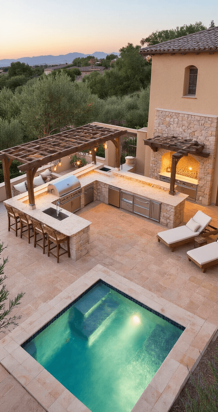 Backyard Kitchen and Pool: Your Ultimate Outdoor Entertainment Sanctuary A Mediterranean-style outdoor kitchen and pool area at golden hour, featuring an L-shaped kitchen with limestone counters, a 40ft infinity pool with a swim-up bar, warm terracotta tiles, olive trees, lavender borders, and a natural stone accent wall with a fountain, all illuminated by warm ambient lighting and pool reflections.