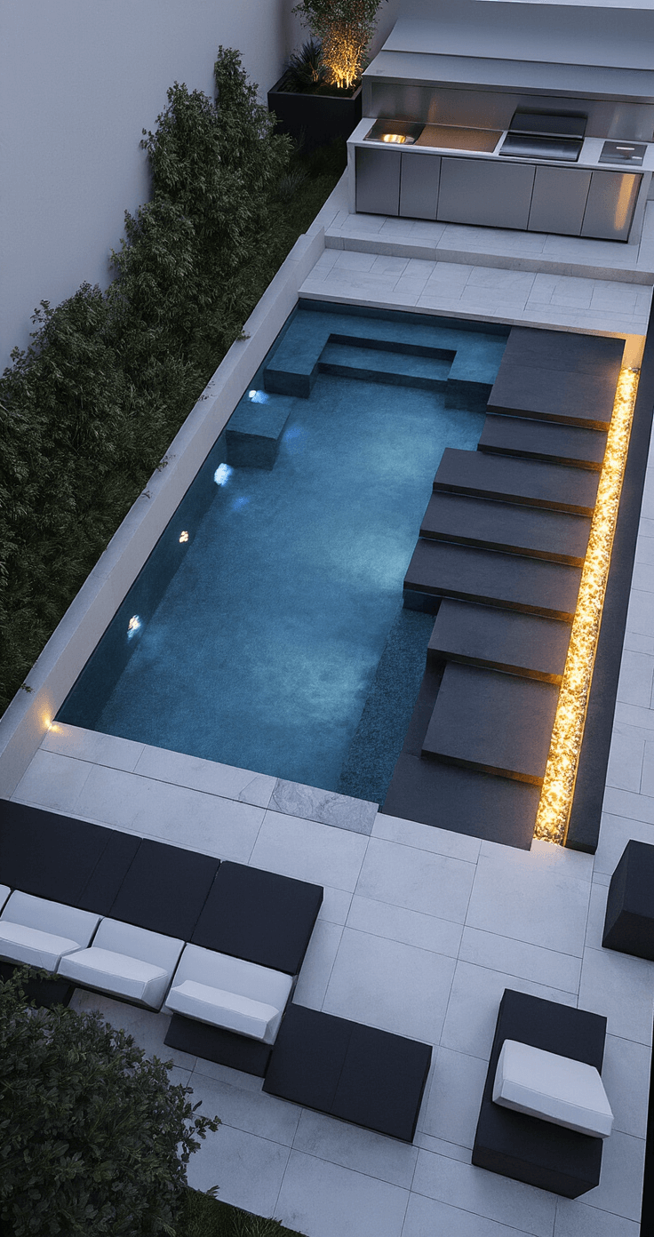 Backyard Kitchen and Pool: Your Ultimate Outdoor Entertainment Sanctuary Modern minimalist poolscape at twilight featuring a geometric 15x35ft pool with floating concrete steps, LED lighting, and a sleek outdoor kitchen. Charcoal porcelain tiles connect the kitchen to the pool deck, accented by stark white modular seating and a linear fire feature. Glass wind barriers and architectural plantings in black containers enhance the contemporary design, with cool white uplighting and pool lights transitioning from white to blue.