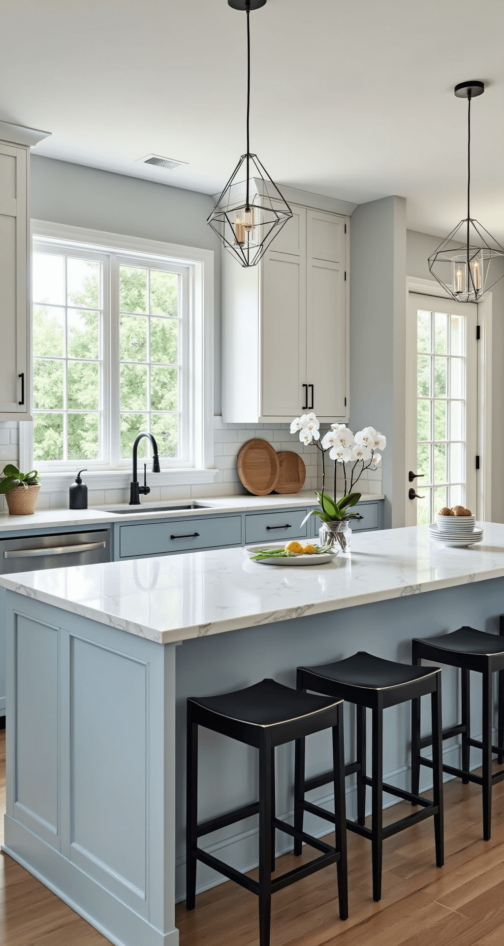 Light Blue Kitchen Cabinets: A Stunning Transformation Guide Contemporary open-concept kitchen with ice blue lower cabinets and white upper cabinets, featuring a waterfall quartz island, double-height windows, geometric pendant lighting, and minimalist decor, captured from an elevated perspective.