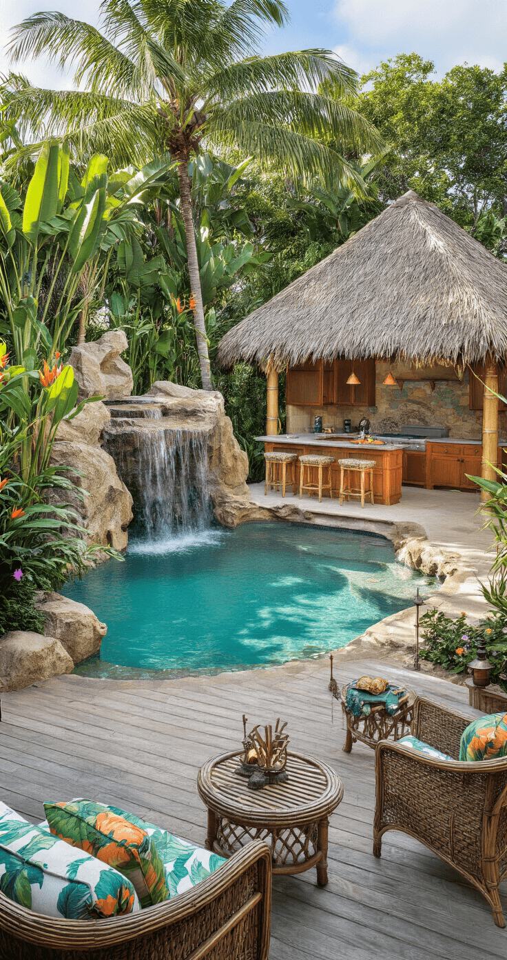 Backyard Kitchen and Pool: Your Ultimate Outdoor Entertainment Sanctuary A vibrant tropical paradise featuring a freeform pool with a rock waterfall and hidden grotto, surrounded by lush landscaping of palms and flowering plumeria, with a thatched-roof kitchen pavilion and rattan furniture, all captured in mid-morning sunlight.