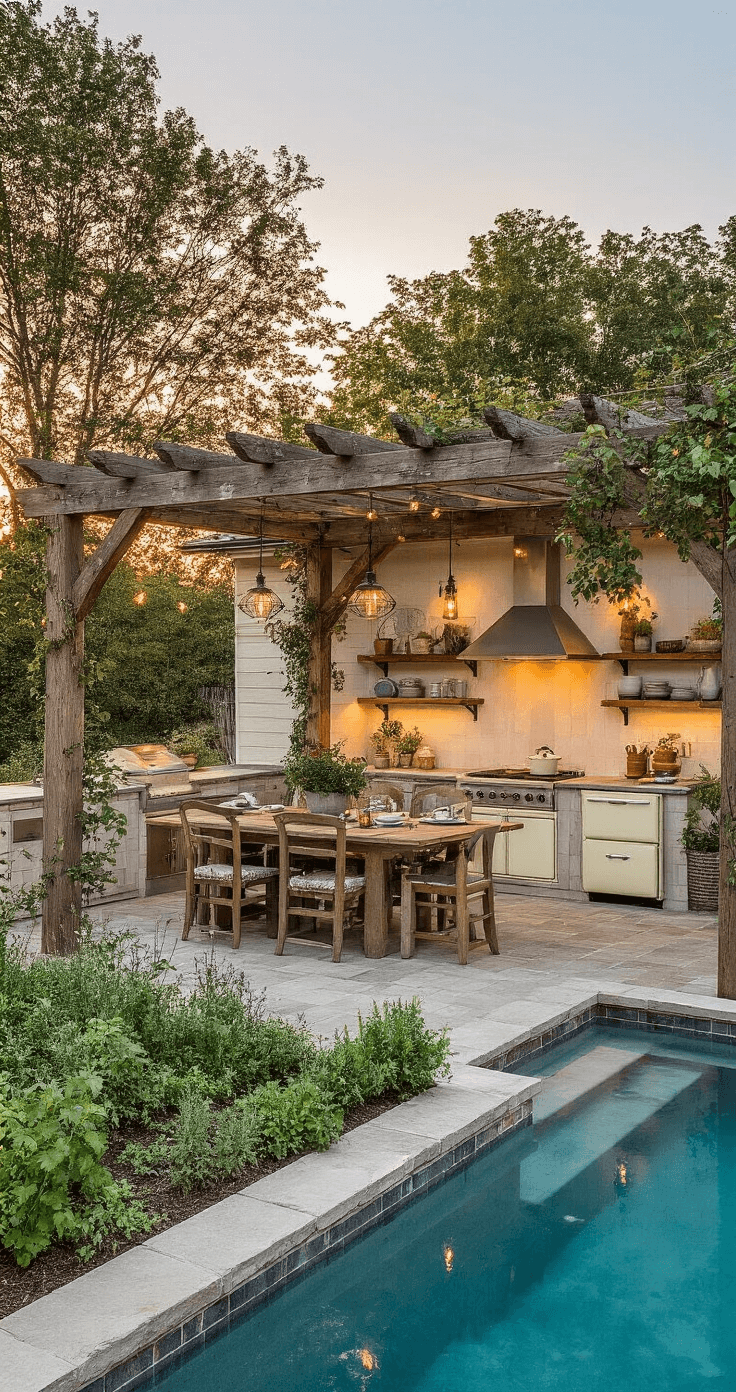 Backyard Kitchen and Pool: Your Ultimate Outdoor Entertainment Sanctuary Rustic farmhouse pool area at sunset featuring a split-level design with a reclaimed barn wood kitchen deck, vintage cream enamel appliances, a white oak pergola adorned with climbing roses, and a natural flagstone pool surround integrated with herbs and a kitchen garden. Includes galvanized metal planters, industrial pendant lights, and a farmhouse dining table for twelve, all highlighted by warm copper sconces, vintage string lights, and subtle pool illumination in a palette of weathered woods, creamy whites, sage green, and warm grays.