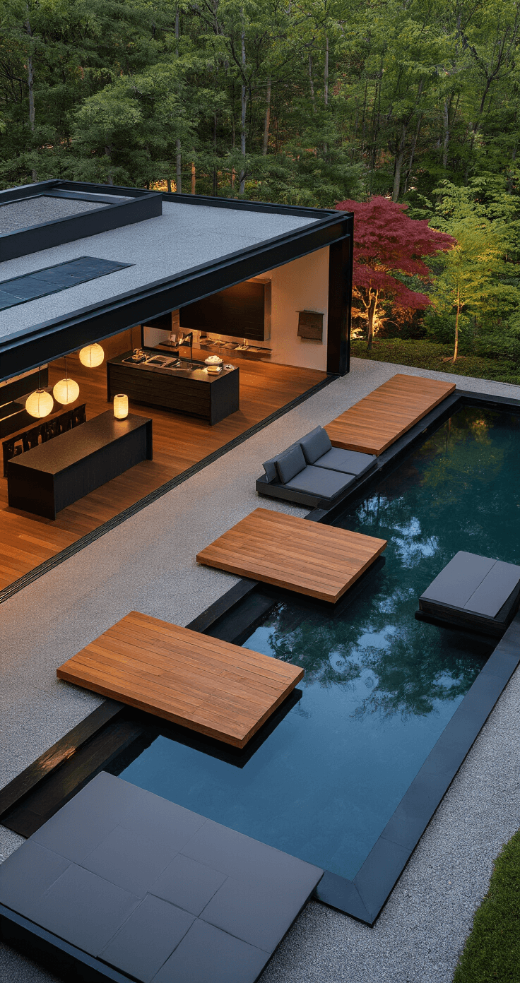Backyard Kitchen and Pool: Your Ultimate Outdoor Entertainment Sanctuary A contemporary outdoor space at blue hour featuring an infinity edge pool with floating timber deck islands, a clean-lined kitchen pavilion in dark ipe wood and black granite, and zen garden elements. Minimalist charcoal aluminum furniture is arranged among raked gravel and specimen maples, illuminated by paper lanterns overhead. The image captures strong geometric lines and peaceful water reflections from an elevated perspective, showcasing a color palette of deep browns, blacks, grays, and red maple accents.