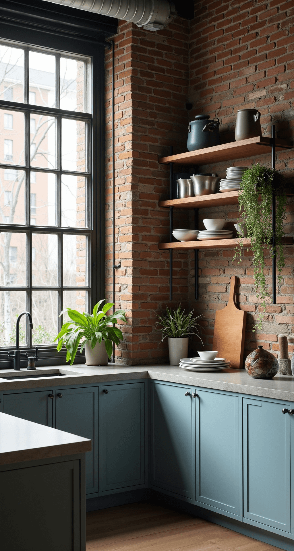 Light Blue Kitchen Cabinets: A Stunning Transformation Guide Urban loft kitchen featuring dusty blue cabinets, exposed brick walls, and steel-framed windows, with concrete countertops, blackened steel hardware, and open shelving displaying curated items, captured from a corner to highlight vertical height and dramatic side lighting.