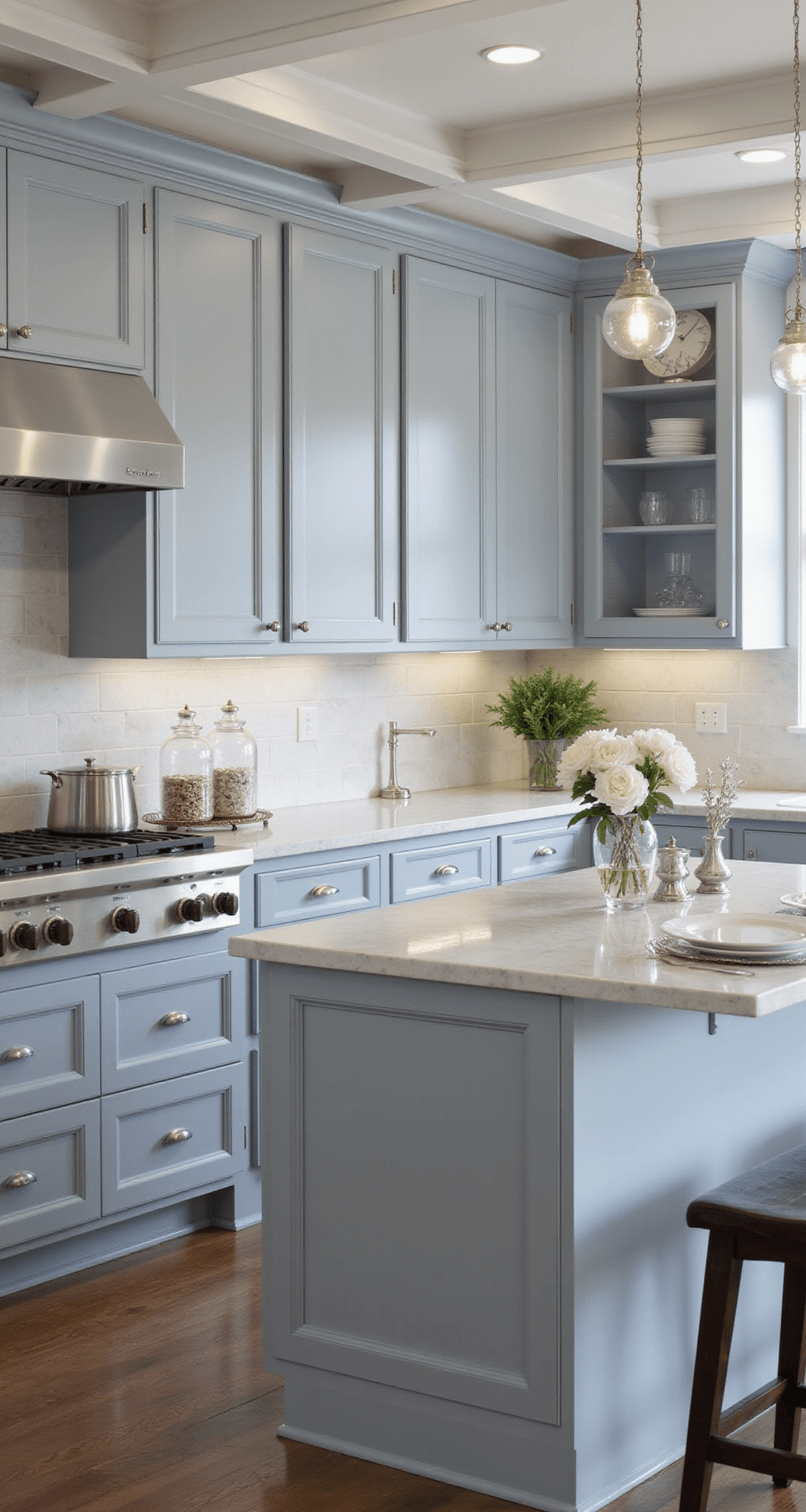 Light Blue Kitchen Cabinets: A Stunning Transformation Guide Transitional kitchen with soft blue-gray cabinets and coffered ceiling, featuring dimmable recessed lighting, Calacatta marble counters and backsplash, polished nickel hardware, styled with silver serving pieces, white florals, and crystal decanters in an elegant evening ambiance.