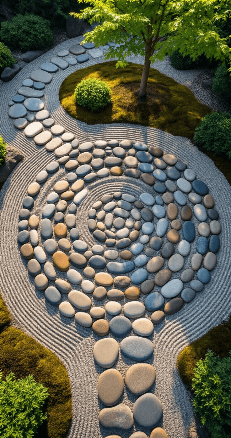 Creating the Perfect Stone Garden Path: Your Ultimate Design Guide Overhead view of a circular meditation path made of smooth, multi-colored river stones, forming a perfect spiral. The path is surrounded by a zen garden featuring raked gravel, moss patches, and a single maple tree, captured in peaceful midday light.