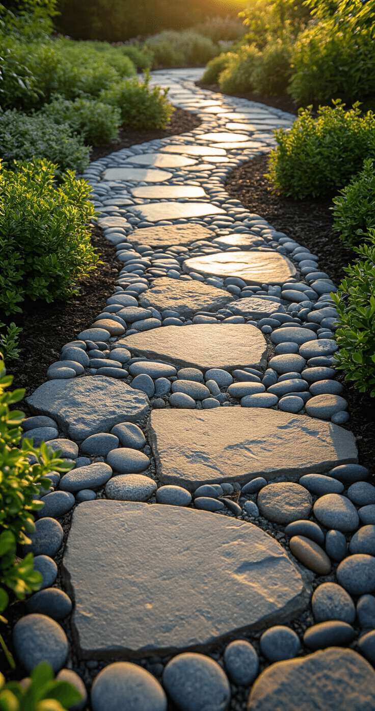 Creating the Perfect Stone Garden Path: Your Ultimate Design Guide Ground-level view of a mixed-material path featuring slate, flagstone, and river rock, arranged in a gradient pattern. The late afternoon light enhances the texture of the stones, with dense groundcover framing the edges, creating an artisanal and organic atmosphere.