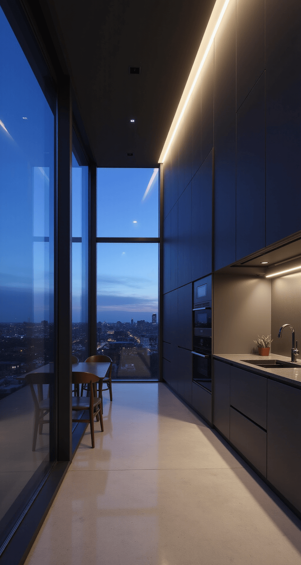 What to Do With the Space Above Kitchen Cabinets: Creative Solutions for Every Home Minimalist modern kitchen with 12ft ceilings, featuring handle-less matte charcoal cabinets, dramatic up-lighting, and floor-to-ceiling windows showcasing a cityscape at twilight.