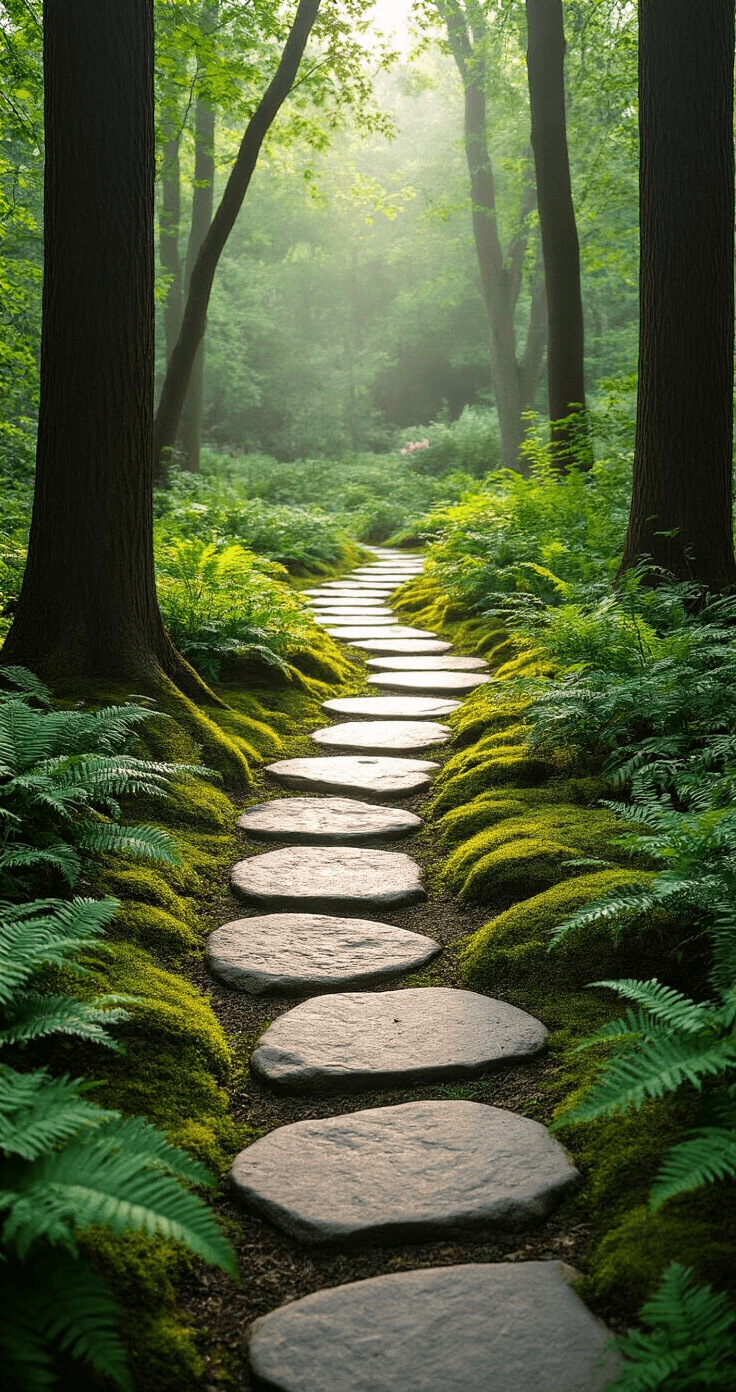Creating the Perfect Stone Garden Path: Your Ultimate Design Guide Eye-level view of a winding stepping stone path through a woodland garden, featuring large irregular flagstones surrounded by lush moss and ferns, with dappled morning light filtering through the canopy of mature trees, creating a mystical and serene atmosphere.