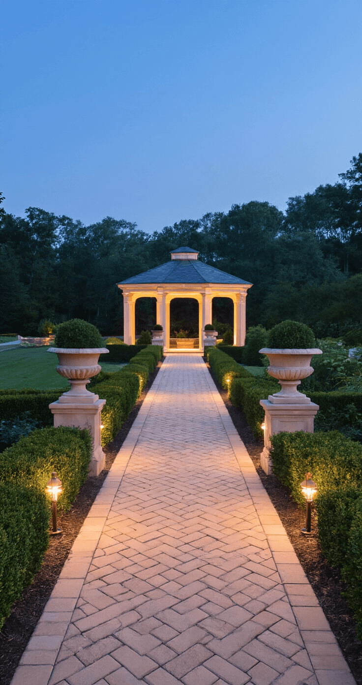 Creating the Perfect Stone Garden Path: Your Ultimate Design Guide Low-angle view of a 6-foot wide herringbone-patterned paver path in warm limestone, flanked by classical stone urns and trimmed boxwoods, leading to an illuminated garden pavilion at twilight. The scene captures an elegant and refined mood with mixed lighting from landscape fixtures and fading daylight.