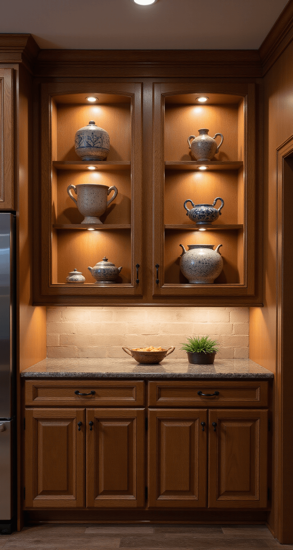 What to Do With the Space Above Kitchen Cabinets: Creative Solutions for Every Home Evening kitchen interior with medium-oak cabinets and puck lighting showcasing pottery, warm LEDs casting shadows, shallow depth of field, and dim ambient lights for an intimate atmosphere.