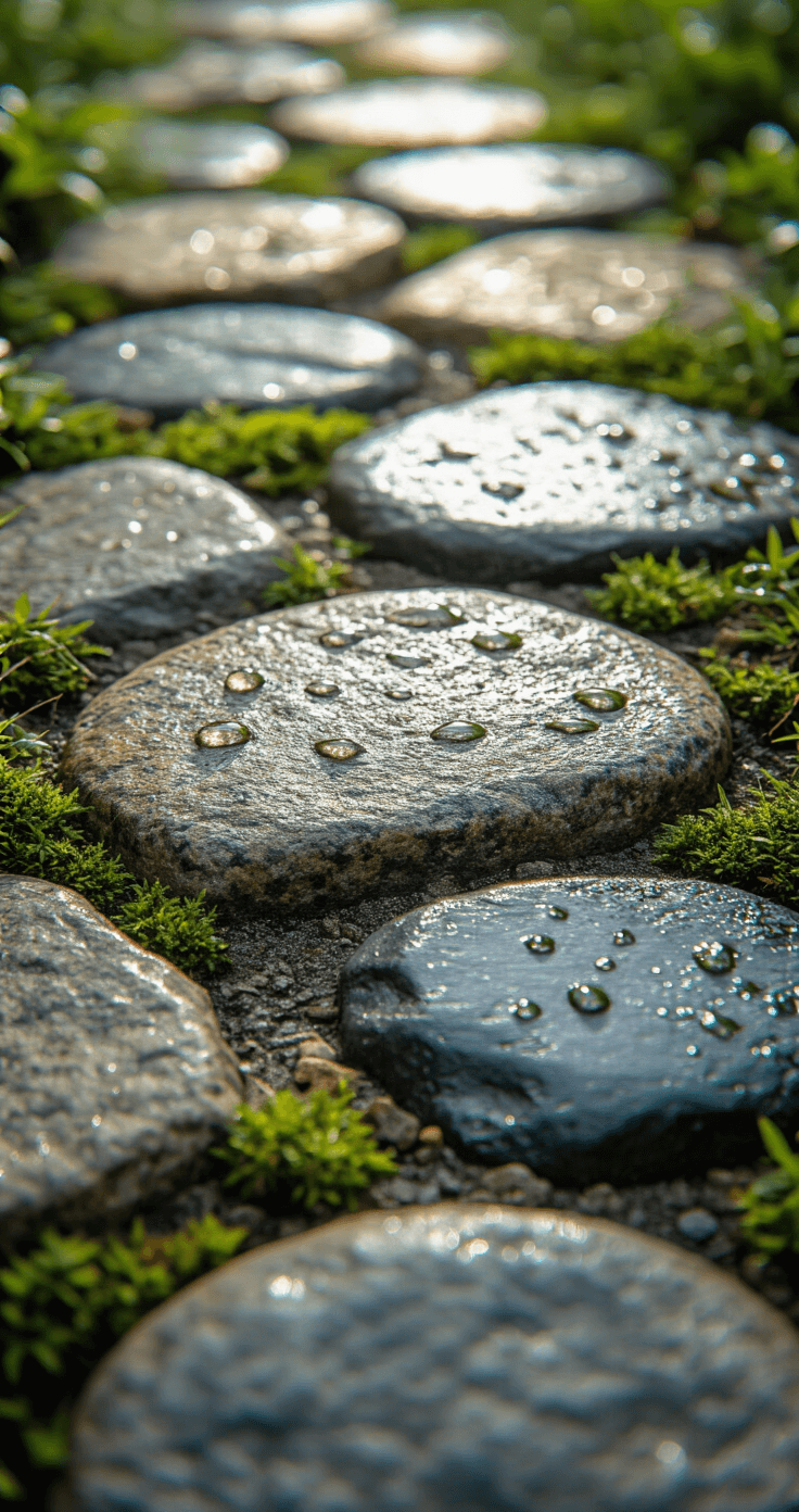 Creating the Perfect Stone Garden Path: Your Ultimate Design Guide Close-up view of a mixed stone path featuring rough-cut granite, polished river rock, and textured slate, adorned with morning dew droplets reflecting light. Moss and tiny plants peek through the gaps between the stones, captured in soft diffused morning light from a slight side angle.