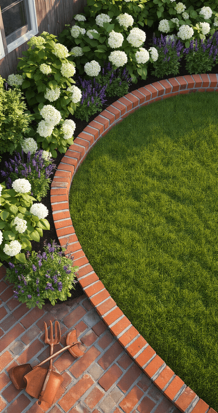 Brick Edging for Flower Beds: Transform Your Garden's Look Photorealistic aerial view of a sunlit cottage garden at golden hour, showcasing a curved flower bed edged with red clay bricks, lined with blooming white hydrangeas and purple salvias, with weathered copper garden tools nearby.