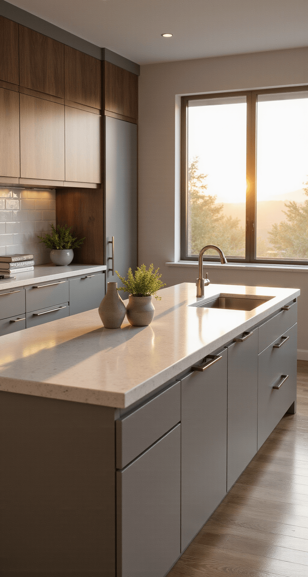 Modern Kitchen Cabinets Decor: A Comprehensive Styling Guide A modern kitchen showcasing dove gray flat-panel cabinets, a cloud white quartz island, and walnut accents, illuminated by golden hour sunlight through floor-to-ceiling windows, with geometric ceramic decor and fresh herbs.