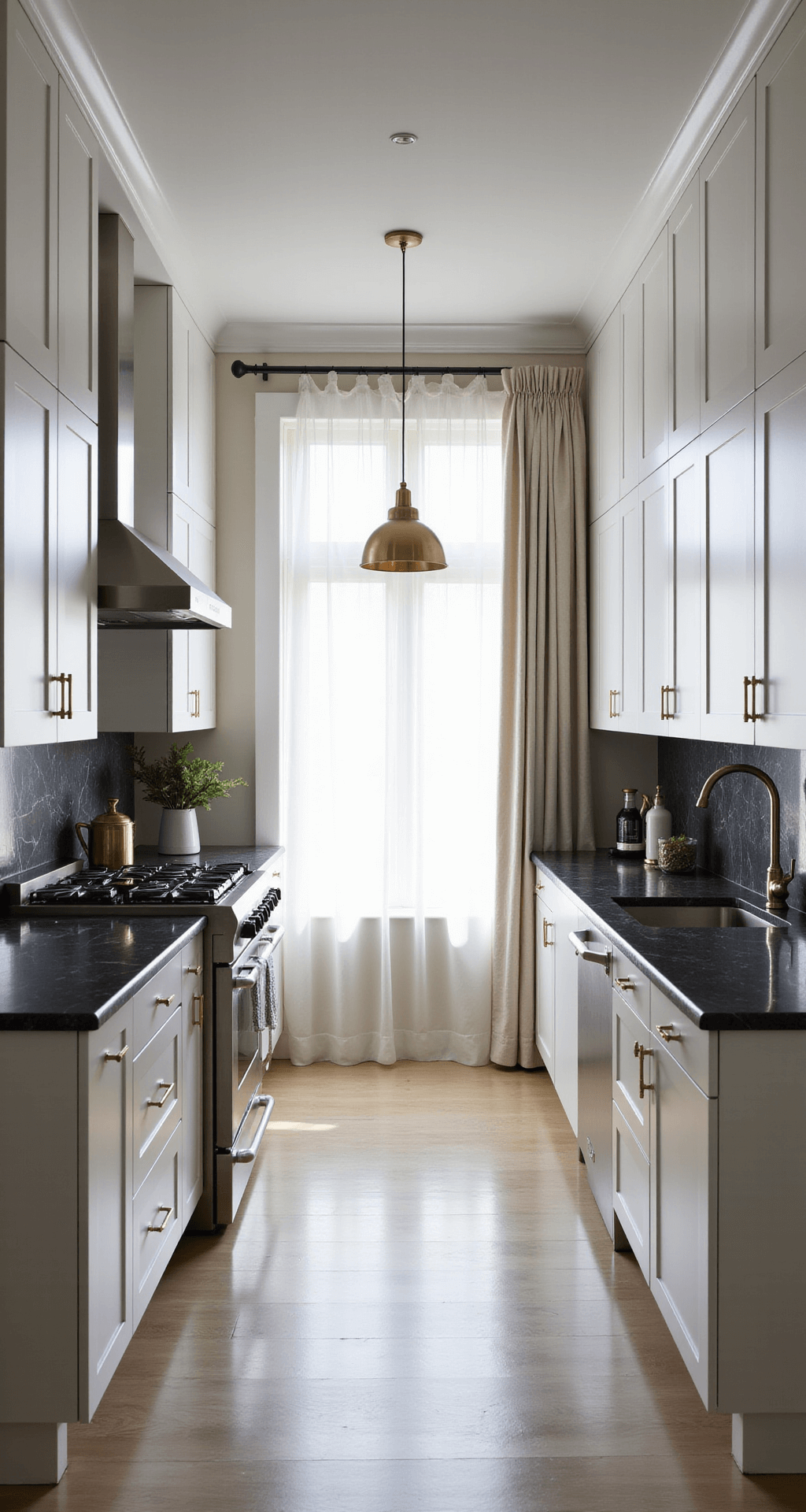Modern Kitchen Cabinets Decor: A Comprehensive Styling Guide A bright galley kitchen with sheer linen curtains, handle-less white cabinets, stainless steel appliances, and black marble countertops, featuring integrated cabinet lighting, minimal brass accents, and a single pendant light, viewed from the entrance at eye level.