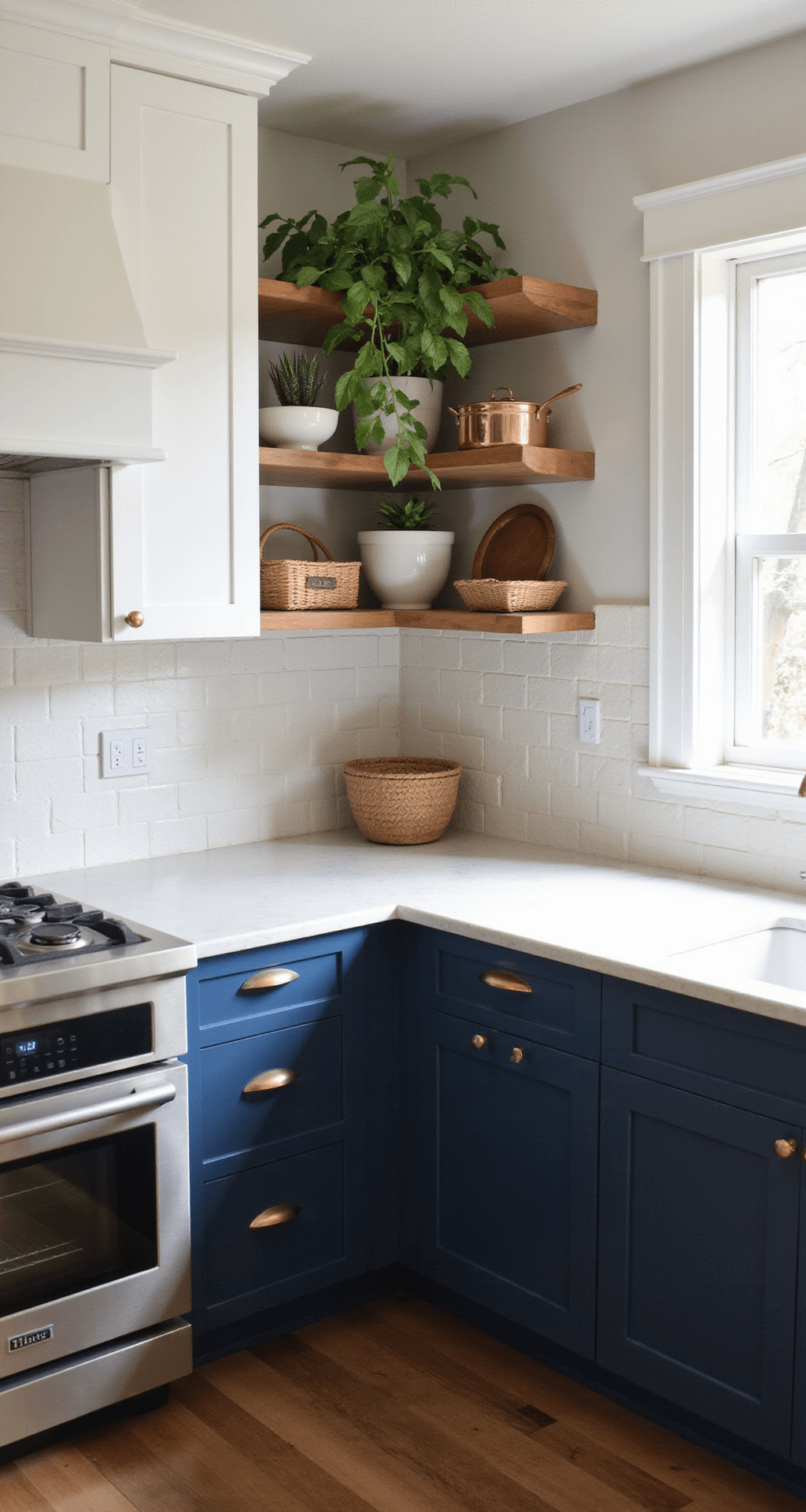 Modern Kitchen Cabinets Decor: A Comprehensive Styling Guide A corner kitchen with navy blue lower cabinets and white upper cabinets, illuminated by warm afternoon light, featuring brushed gold hardware, copper cookware, woven textures, and cascading pothos plants on open shelving.
