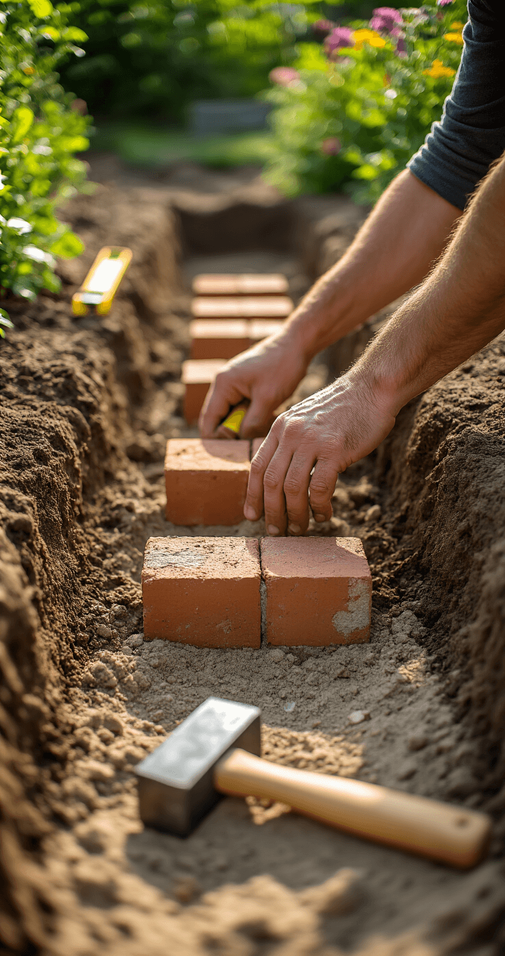 Brick Edging for Flower Beds: Transform Your Garden's Look Detail shot of hands placing bricks in a freshly dug trench, surrounded by tools including a level, rubber mallet, and measuring tape, with a sandy base indicating proper depth and rich brown soil contrasting the crisp brick edges, all under natural morning light and featuring a soft bokeh effect in the background.