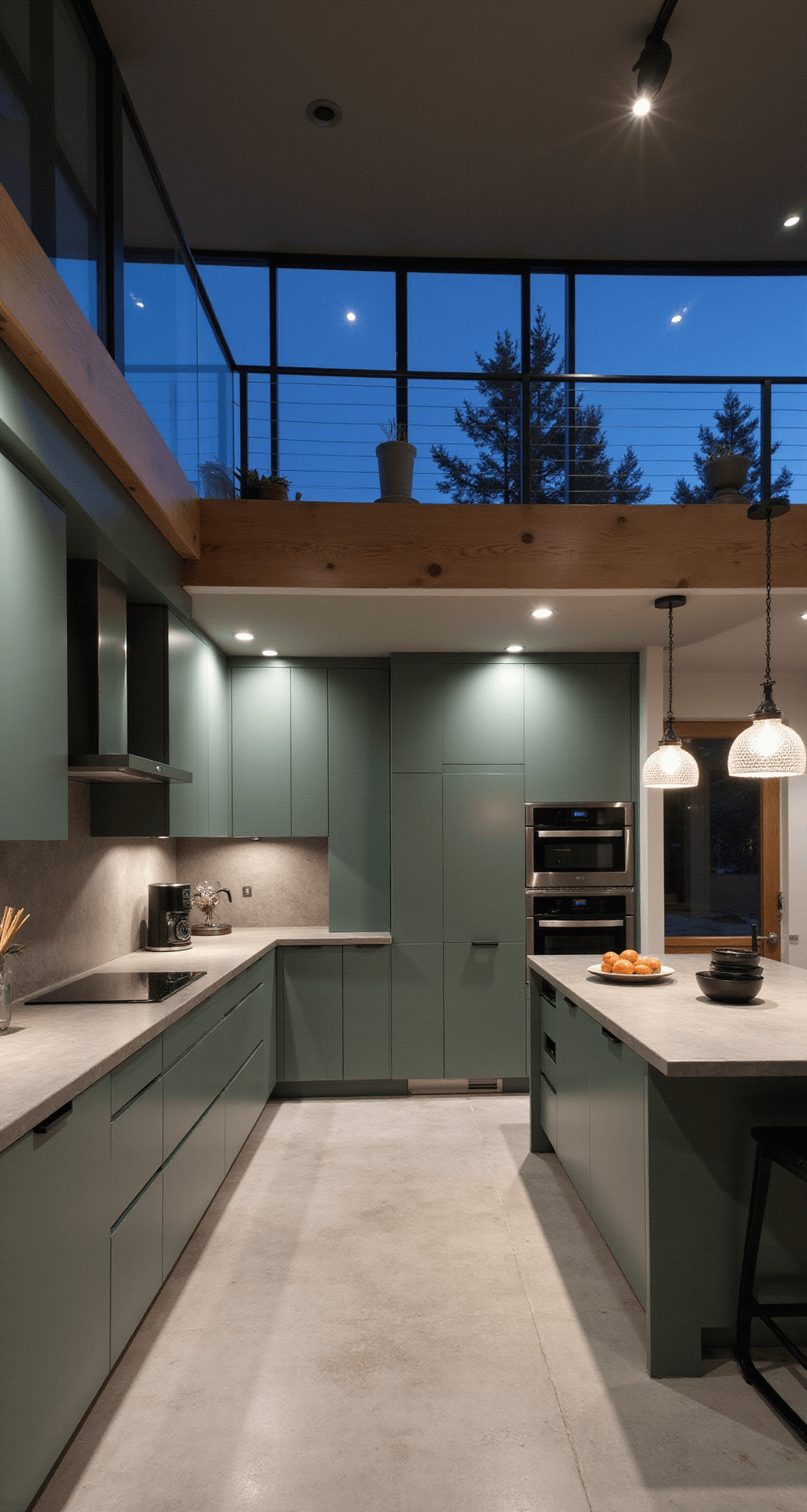 Modern Kitchen Cabinets Decor: A Comprehensive Styling Guide Aerial view of a modern L-shaped kitchen featuring sage green cabinets, honed concrete countertops, and a blend of diffused overhead and accent lighting, showcasing Scandinavian ceramics and stylish black accessories during blue hour.