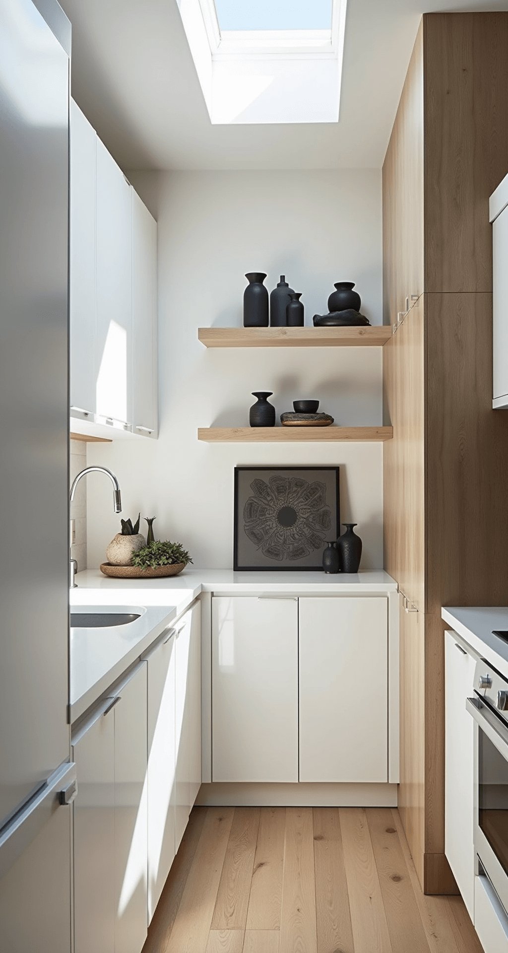 Modern Kitchen Cabinets Decor: A Comprehensive Styling Guide Intimate kitchen nook with glossy white cabinets and bleached oak floating shelves, captured at midday under natural light from a skylight. The perspective is at counter height, showcasing minimal monochromatic vessels, abstract art, and repetitive forms, enhanced by fill light without losing ambiance.