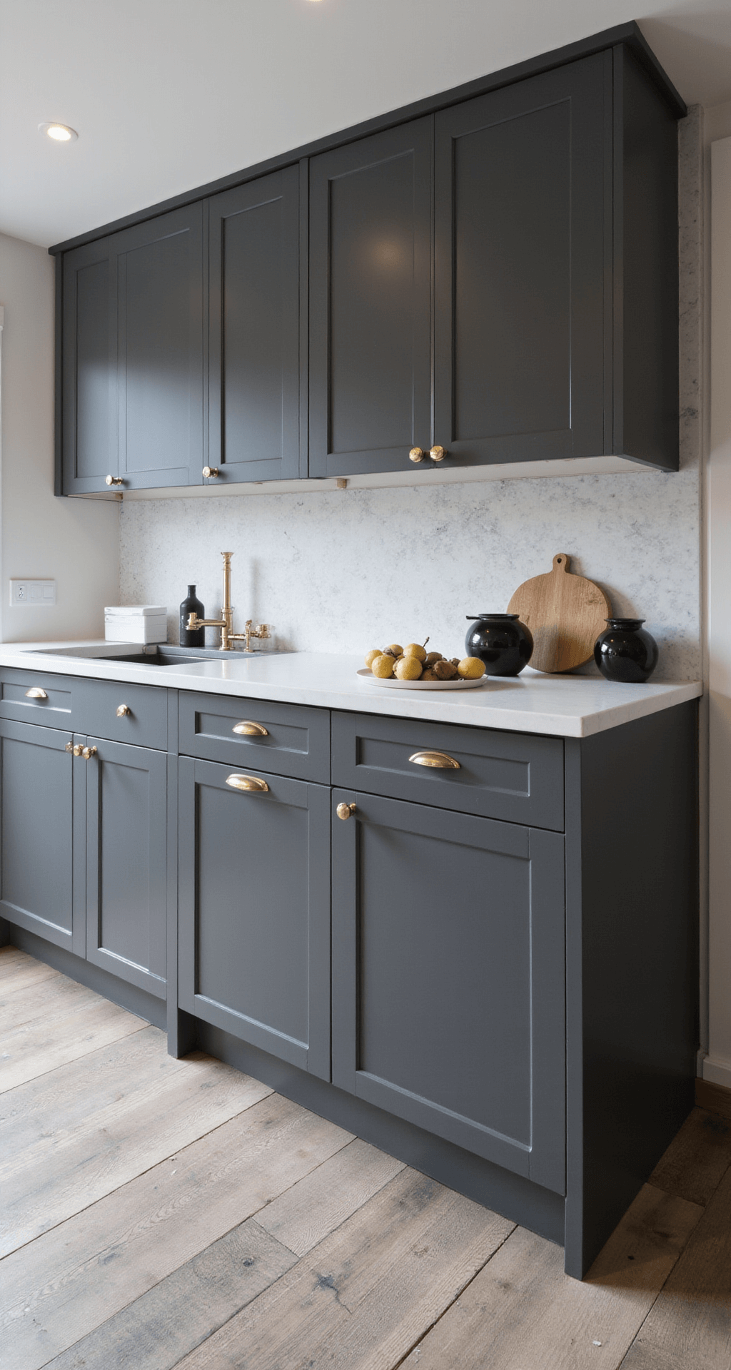 Modern Kitchen Cabinets Decor: A Comprehensive Styling Guide Expansive open-concept kitchen featuring charcoal gray cabinets and a marble backsplash, captured in morning light from the dining area, highlighting black ceramics and sculptural fruits in a well-lit, airy space.