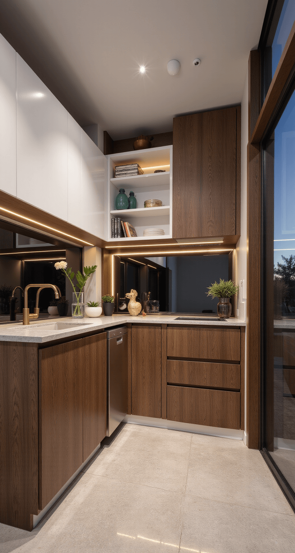 Modern Kitchen Cabinets Decor: A Comprehensive Styling Guide A modern compact kitchen featuring walnut cabinets with invisible handles and white upper storage, illuminated by warm LED strips and cool overhead lights, showcasing mixed metallics and geometric patterns in decor, photographed from a corner using a wide-angle lens.