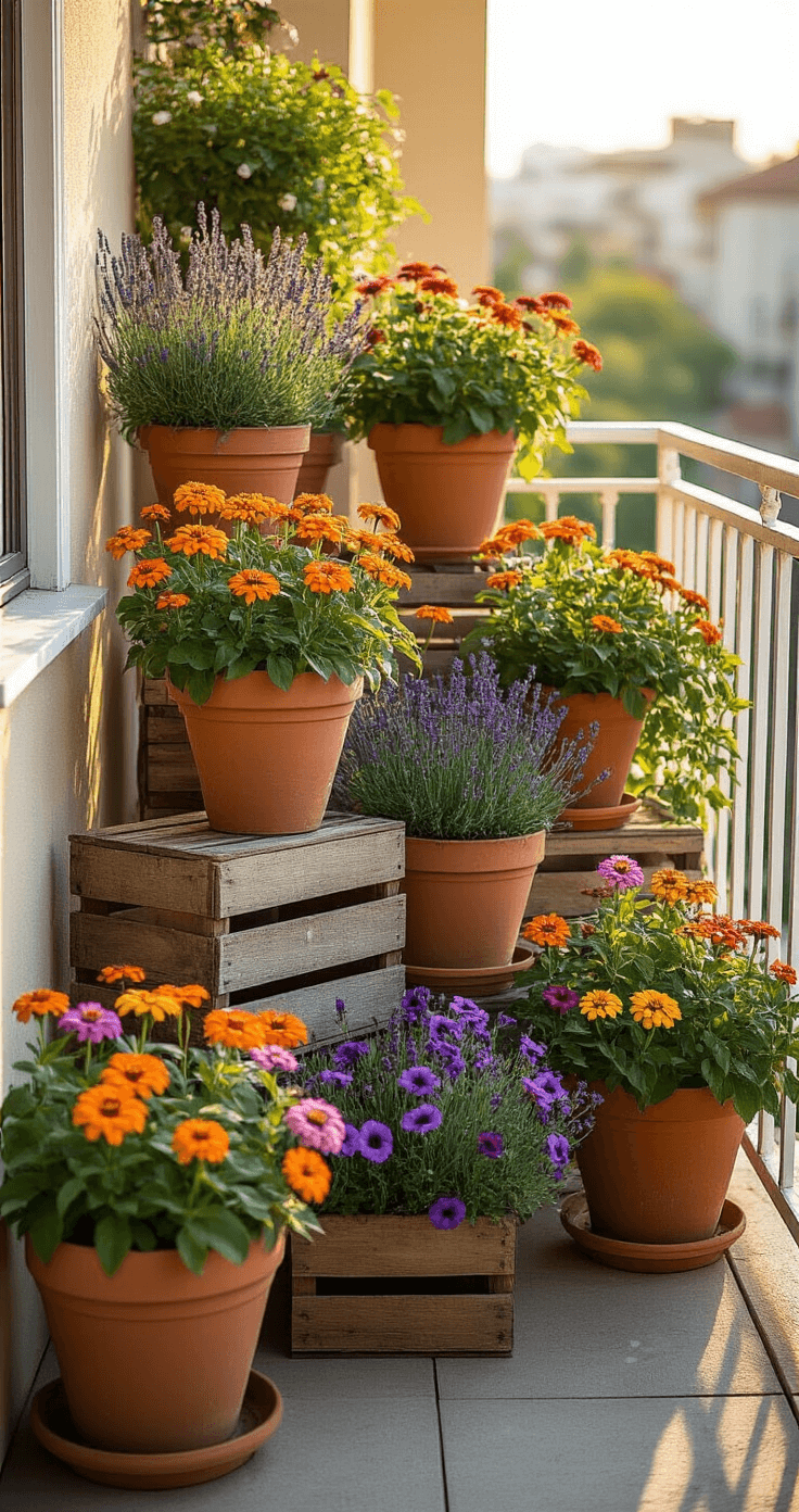 Creating a Stunning Small Flower Garden: Your Ultimate Guide to Compact Floral Spaces A sunlit urban balcony transformed into a petite flower garden, featuring weathered terra cotta containers with vibrant zinnias, lavender, and trailing purple petunias, alongside vintage wooden crates as planters. Natural light filters through white metal railings, casting shadows, while warm evening light enhances the copper and purple color palette, highlighting dew drops on the foliage. The scene embodies a cottage-core aesthetic with an asymmetrical arrangement.