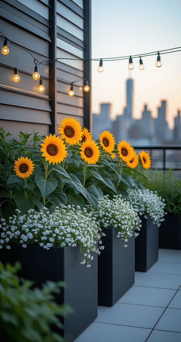 Creating a Stunning Small Flower Garden: Your Ultimate Guide to Compact Floral Spaces Intimate rooftop garden corner at blue hour featuring modern black geometric planters with dwarf sunflowers, dusty miller, and cascading white sweet alyssum, set against an industrial backdrop with string lights creating a bokeh effect; shot from a low angle to highlight the urban skyline and texture contrasts.
