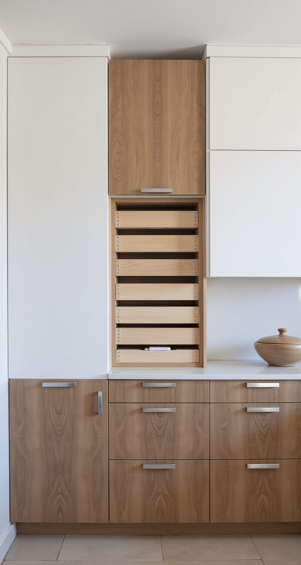 Kitchen Cabinets: Your Ultimate Guide to Choosing the Perfect Storage Solution A 10x12ft minimalist kitchen featuring white upper cabinets and warm walnut base cabinets, with pull-out storage visible in partially opened drawers. The scene is shot from a 45-degree elevated angle, highlighting the geometric design and seamless integration of sleek stainless steel hardware and built-in charging stations, illuminated by diffused overhead lighting.