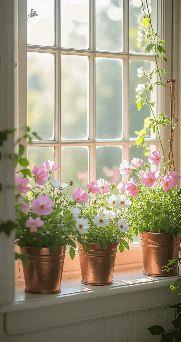 Creating a Stunning Small Flower Garden: Your Ultimate Guide to Compact Floral Spaces Victorian-inspired windowsill garden featuring climbing sweet peas on copper trellises, antique brass planters with pink snapdragons and white cosmos, bathed in morning light with a soft, blurred interior backdrop, emphasizing a delicate vintage aesthetic.