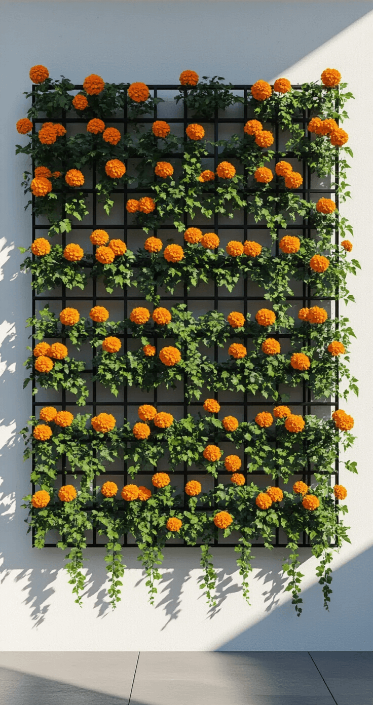 Creating a Stunning Small Flower Garden: Your Ultimate Guide to Compact Floral Spaces Vertical garden wall featuring a modern black grid system with alternating marigolds and trailing ivy against a minimalist white background, photographed at a 45-degree angle in late afternoon light that emphasizes textures and shadows.