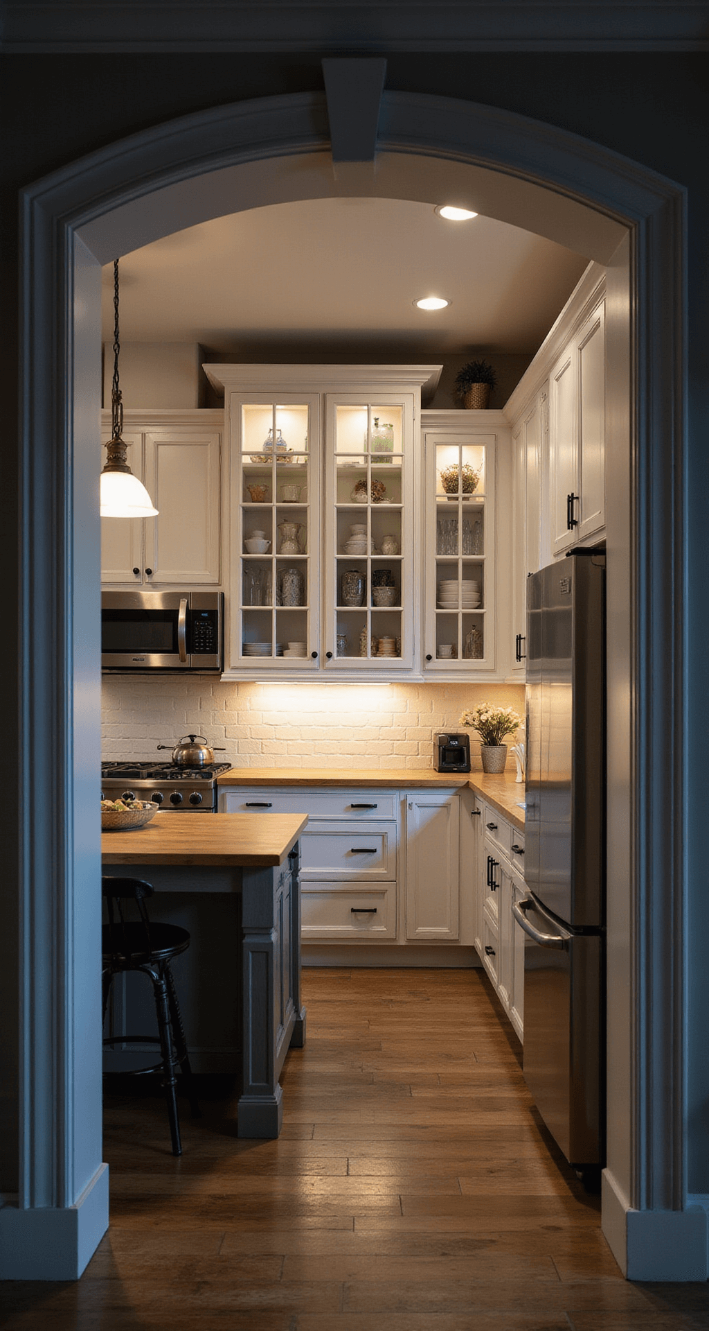 Kitchen Cabinets: Your Ultimate Guide to Choosing the Perfect Storage Solution A modern farmhouse kitchen at dusk featuring distressed white base cabinets with butcher block countertops, glass-front upper cabinets displaying pottery, and a corner cabinet with a Lazy Susan. The scene is viewed from an entrance archway, showcasing the full cabinet layout illuminated by warm pendant lights amidst deep shadows.
