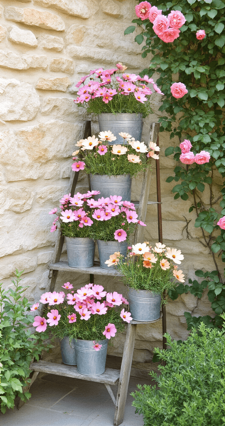 Creating a Stunning Small Flower Garden: Your Ultimate Guide to Compact Floral Spaces A serene courtyard garden corner featuring a vintage ladder displaying pastel cosmos in galvanized metal buckets, set against a natural stone wall adorned with climbing roses, all bathed in soft midday light.