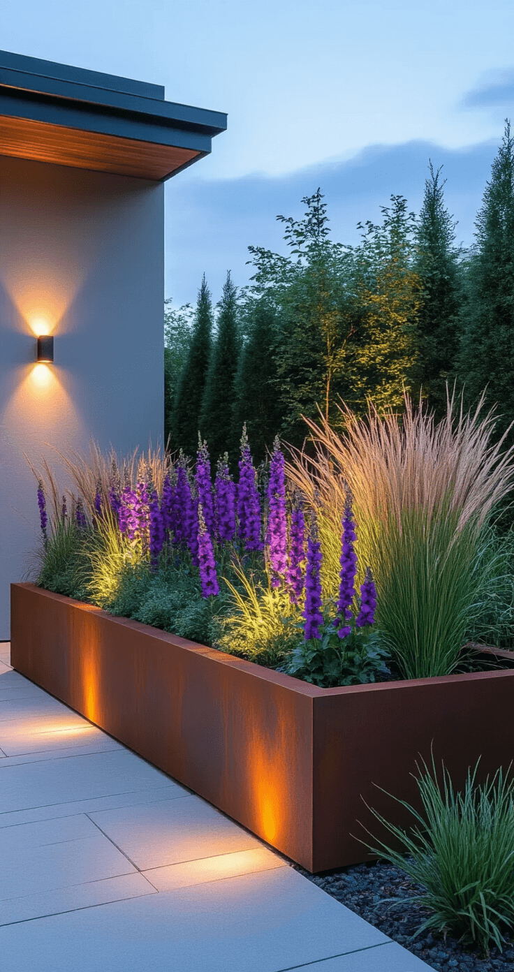Creating a Stunning Small Flower Garden: Your Ultimate Guide to Compact Floral Spaces Modern side yard garden bed featuring an 8'x3' raised Corten steel planter filled with architectural grasses and bold purple snapdragons, illuminated by uplighting and wall sconces at dusk, captured from an end-on perspective to emphasize the linear design and rich color scheme of purple, copper, and silver.