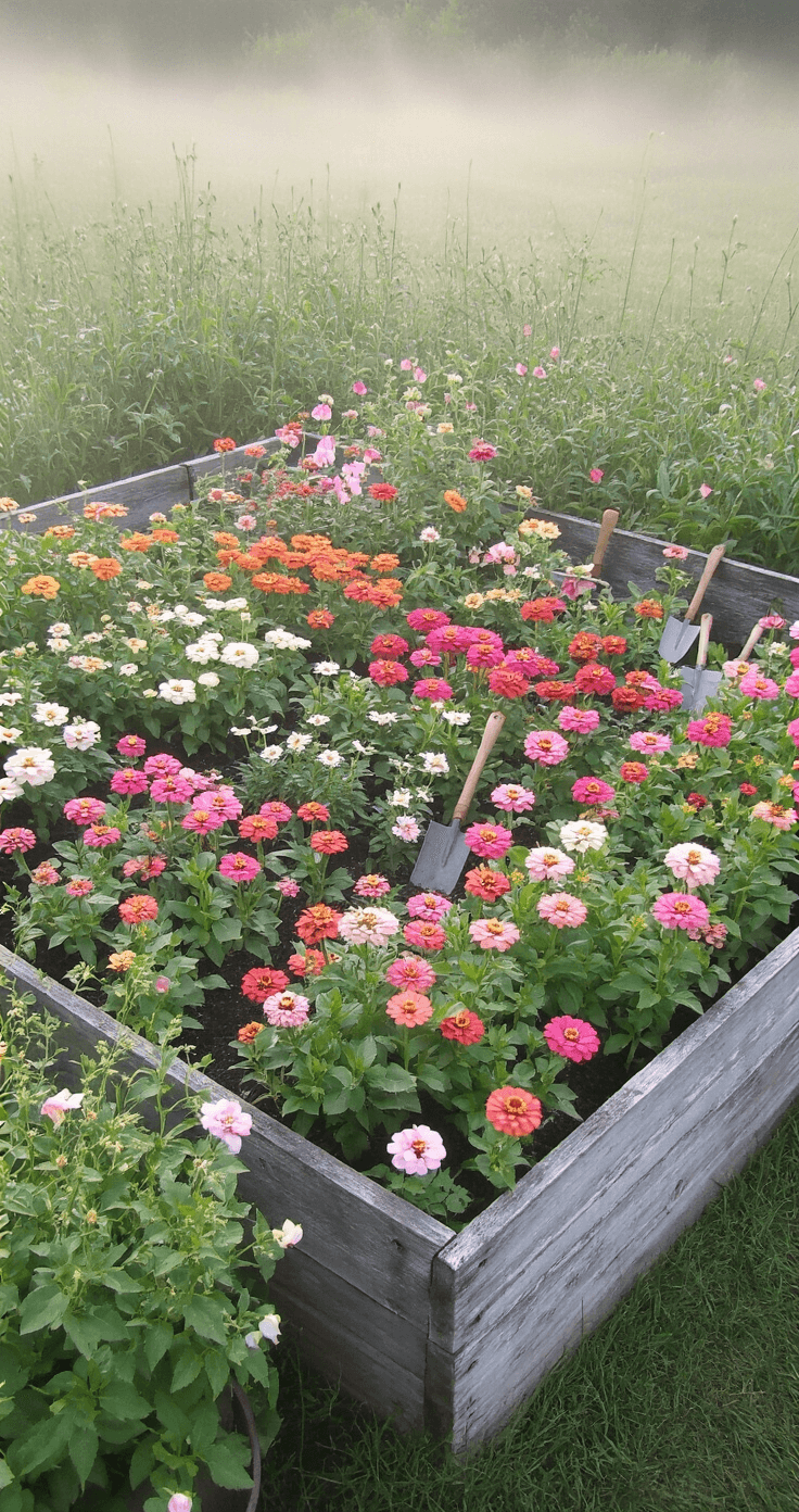 Creating a Stunning Small Flower Garden: Your Ultimate Guide to Compact Floral Spaces Overhead view of a miniature cutting garden with a weathered wooden raised bed, featuring organized rows of zinnias, cosmos, and sweet peas in soft pink, coral, and white, captured in morning mist with vintage garden tools arranged as props.