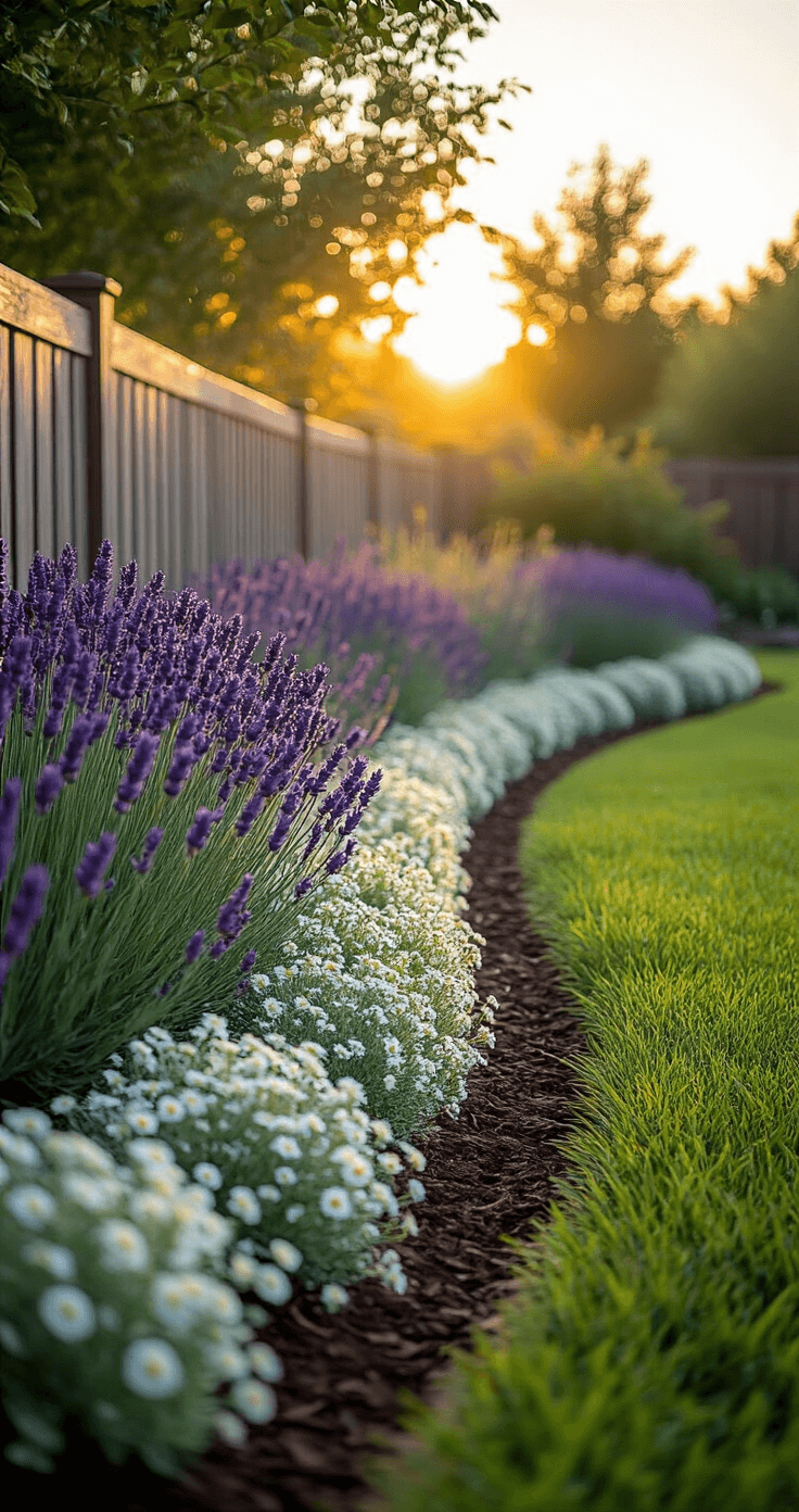 Small Garden Borders: Transform Your Tiny Outdoor Space with Style and Creativity A serene curved garden border at golden hour features an S-shaped arrangement against a fence, with tall purple lavender in the back, medium silver-green lamb’s ear in the middle, and cascading white alyssum in the front. Natural stone edging is adorned with moss, and dappled sunlight filters through overhead trees, casting dynamic shadows on rich brown mulch.