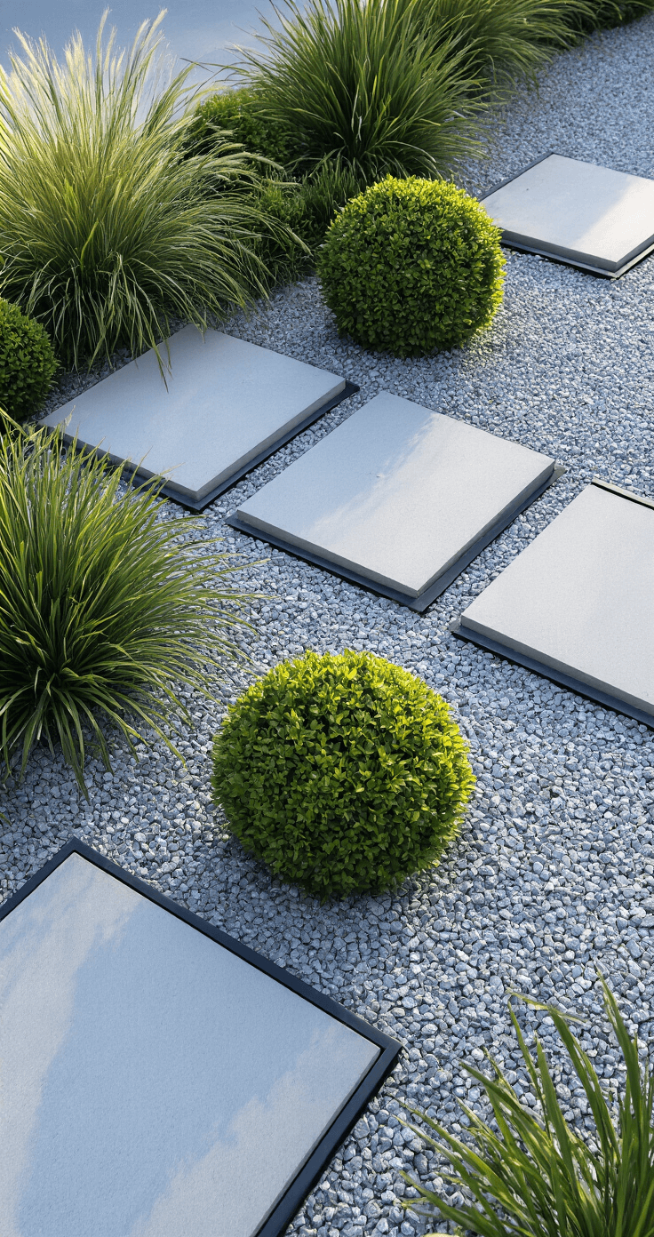 Small Garden Borders: Transform Your Tiny Outdoor Space with Style and Creativity A low-angle morning shot of a modern minimalist garden design featuring matte black metal edging against light gravel, with structured boxwood spheres and ornamental grasses catching the early light. Contemporary concrete pavers serve as stepping stones, all depicted in a cool blue-grey color palette with green accents, emphasizing geometric shapes and clean lines.
