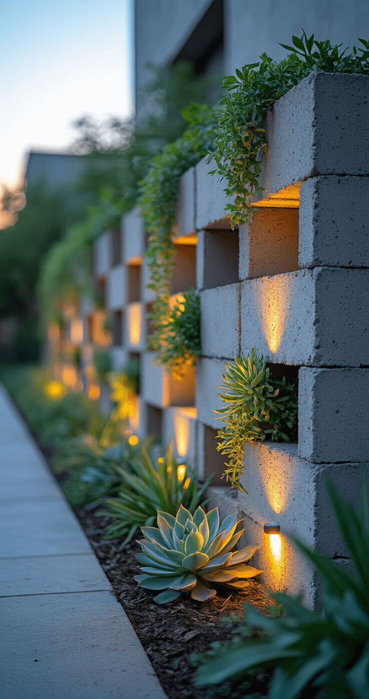 Small Garden Borders: Transform Your Tiny Outdoor Space with Style and Creativity Eye-level twilight image of a 5x15ft industrial garden border made of repurposed cinder blocks, featuring vertically and horizontally arranged blocks with succulents and trailing plants. LED garden lights cast dramatic shadows against an urban backdrop, capturing modern and edgy aesthetics with a focus on texture and light play.