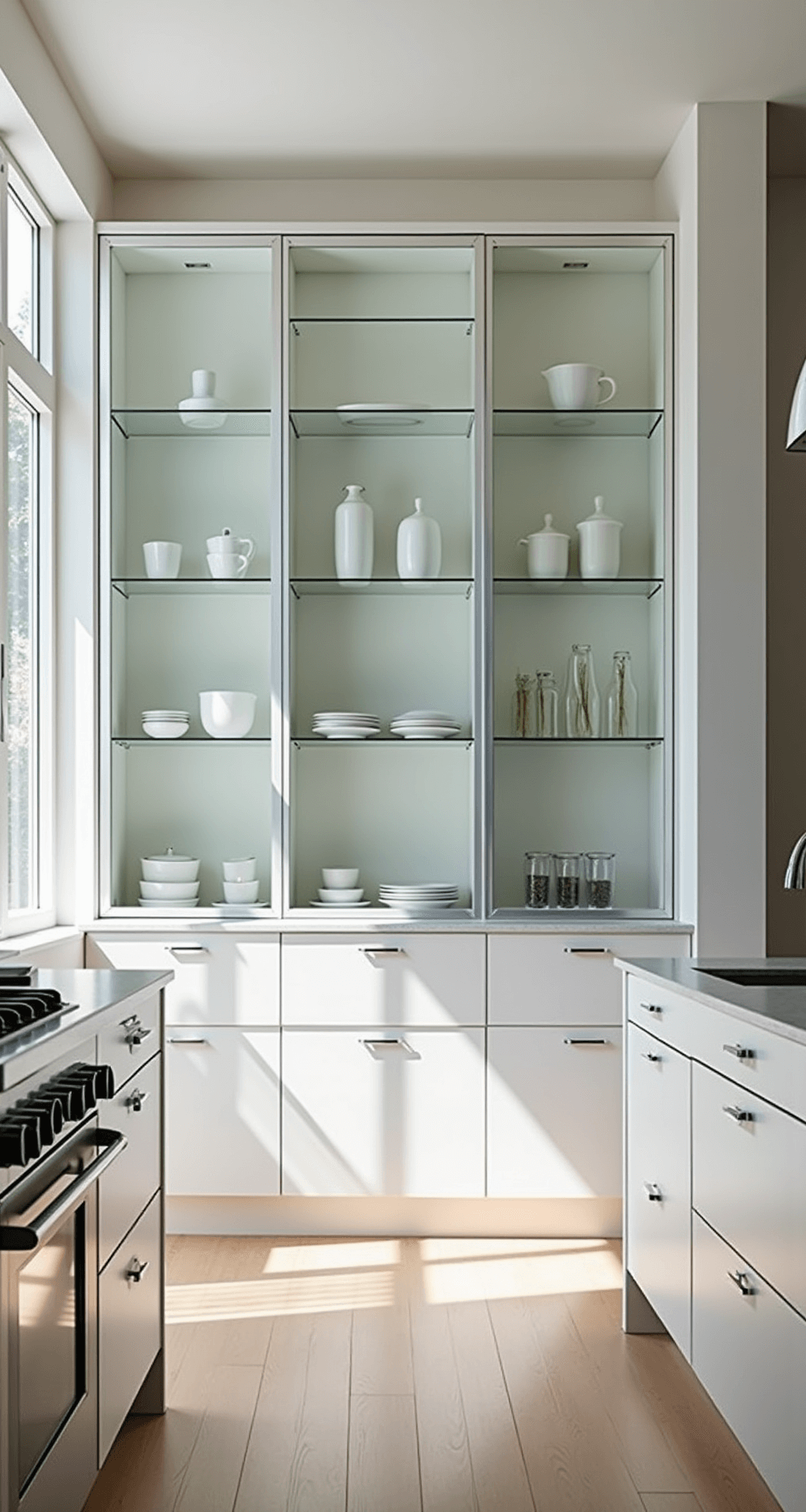 Glass Kitchen Cabinets: Your Ultimate Style & Functionality Guide A bright, modern minimalist kitchen featuring floor-to-ceiling white cabinets with glass doors, white quartz countertops, stainless steel appliances, and flooded with morning sunlight, shot from a low corner angle.