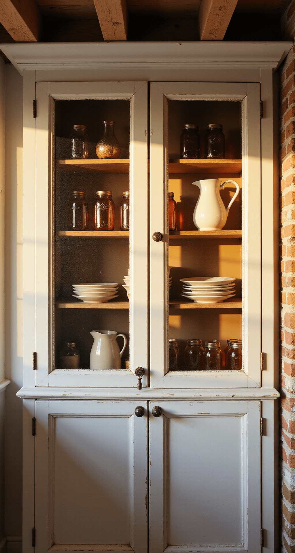 Glass Kitchen Cabinets: Your Ultimate Style & Functionality Guide Cozy farmhouse kitchen corner with seeded glass cabinet doors displaying amber mason jars and cream pitchers, featuring exposed wooden beams, warm tungsten lighting, and antique copper accents.