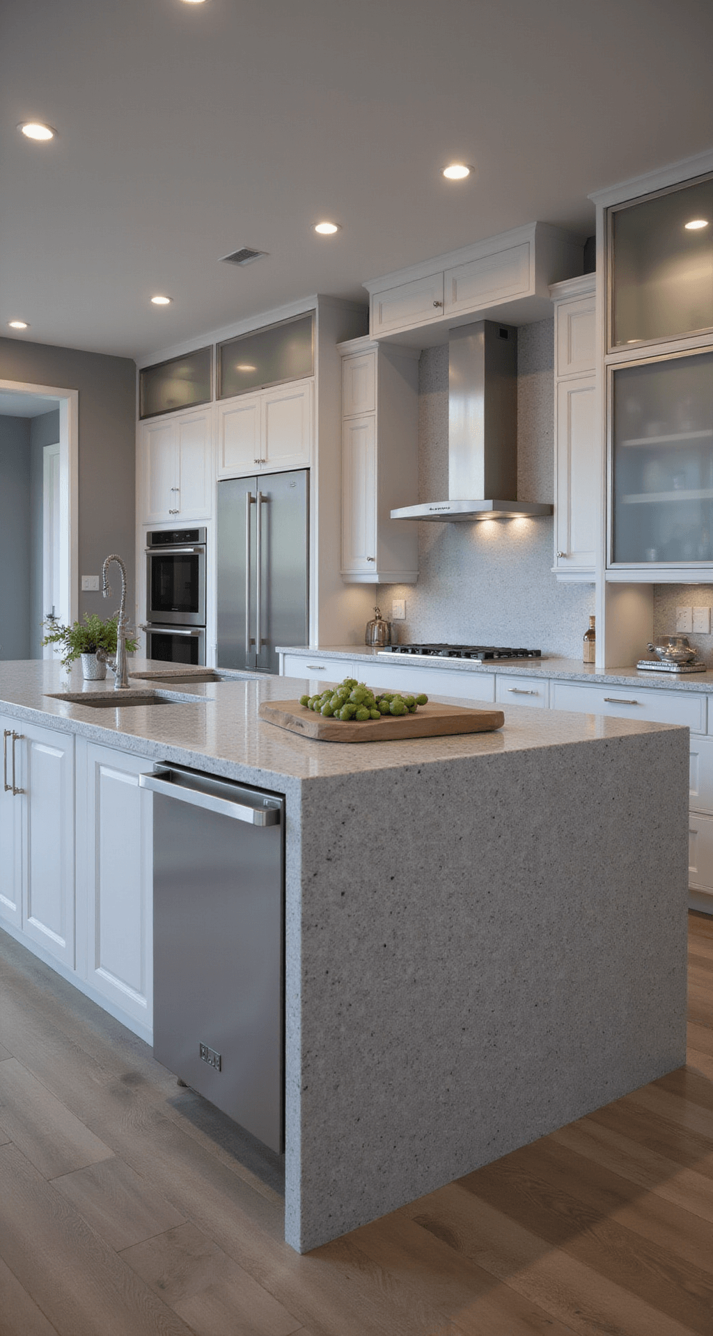 Glass Kitchen Cabinets: Your Ultimate Style & Functionality Guide Expansive modern kitchen featuring frosted glass cabinets, a cool gray quartz waterfall island, and dusk lighting that illuminates the space with a sophisticated monochromatic palette.